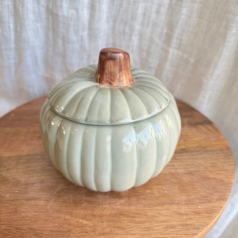 Williams‎ Sonoma Blue Green Ceramic Pumpkin Lidded Soup Bowl Dish 5.5in